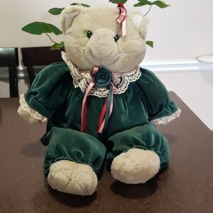 Vintage 80s/90s Pacifix Kitty  Cat Plush Beige w/Green Velvet Body Stuffed. 20"